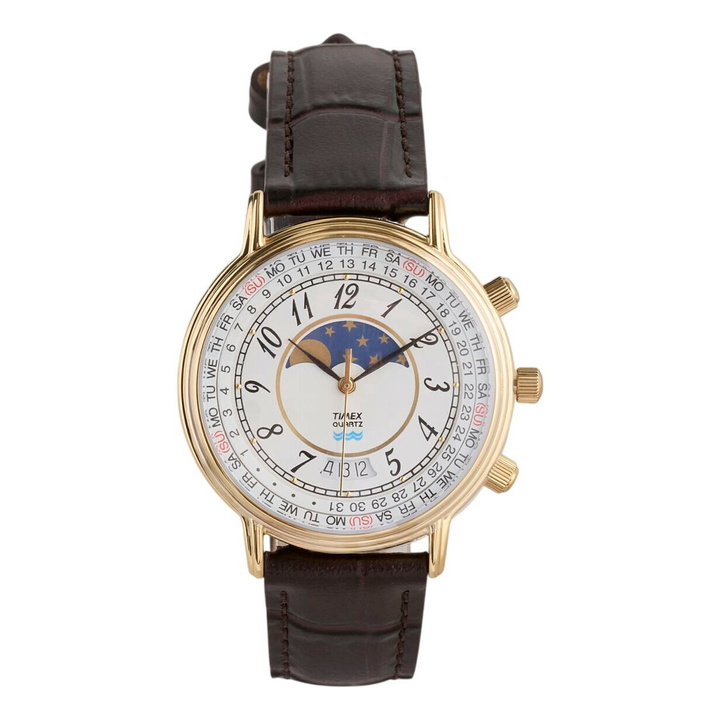 Photo: Timex 1990 Moon Phase & Calender Dial Watch in Gold/Brown