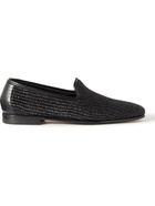 Manolo Blahnik - Mario Leather-Trimmed Raffia Loafers - Black