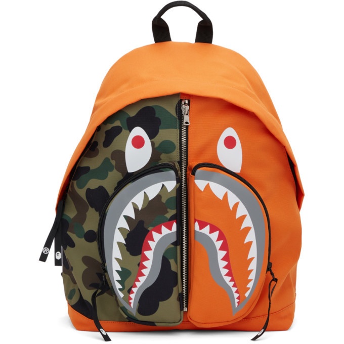 BAPE Orange and Khaki Camo Shark Day Backpack A Bathing Ape