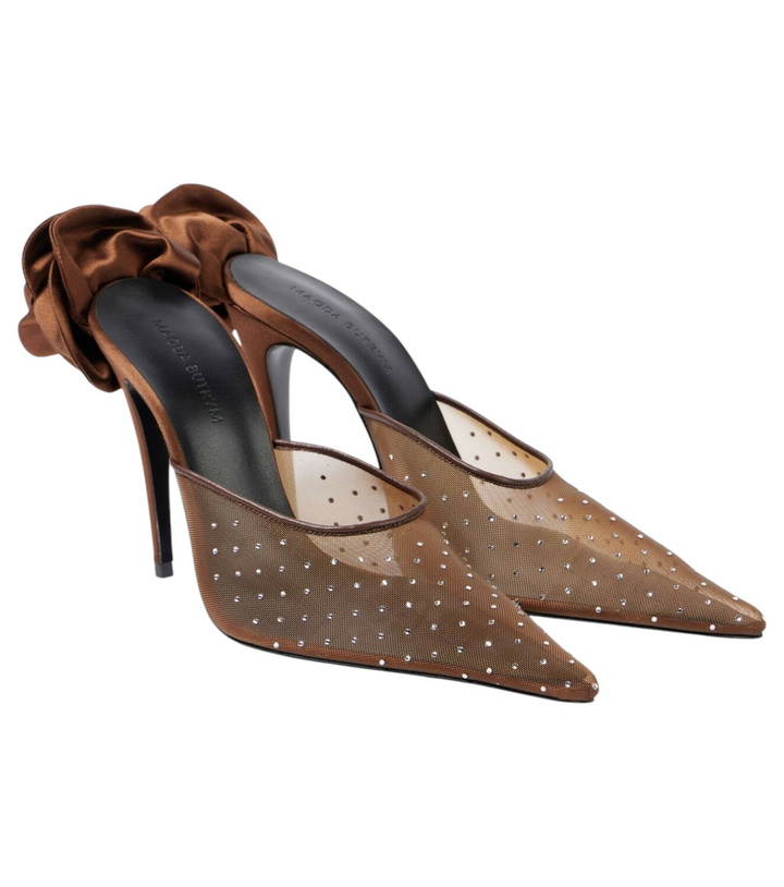 Photo: Magda Butrym Floral-appliqué embellished mesh mules