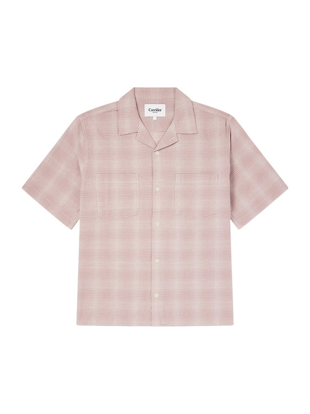 Photo: Corridor - Convertible-Collar Checked Cotton and Linen-Blend Shirt - Pink