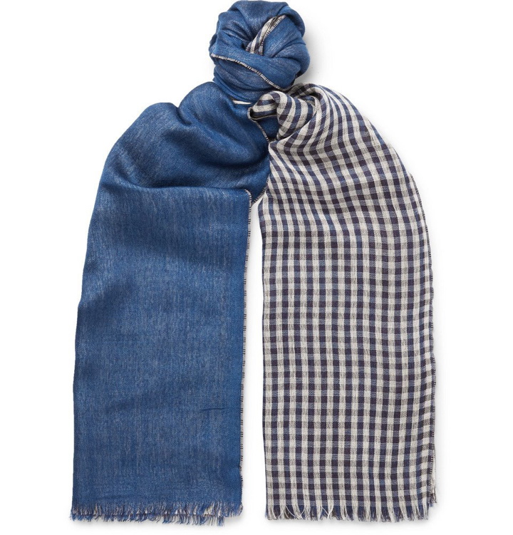 Photo: Loro Piana - Fringed Gingham Cashmere and Silk-Blend Scarf - Blue