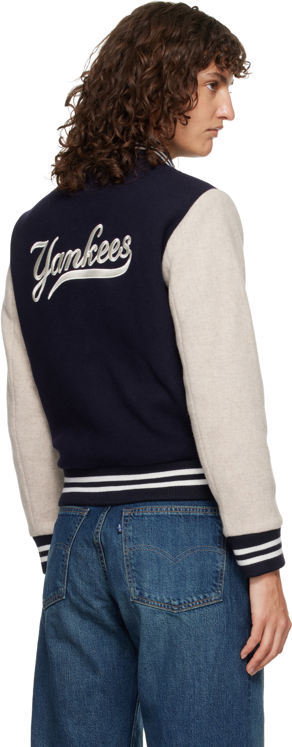 Sporty & Rich Navy & Beige Yankees Curve Wool Varsity Jacket