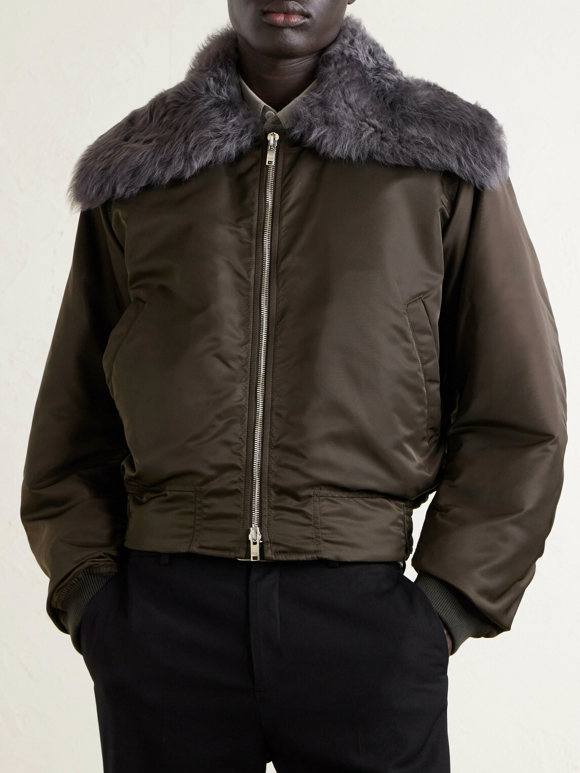 Bottega Veneta - Padded Plush-Trimmed Satin Bomber Jacket - Brown