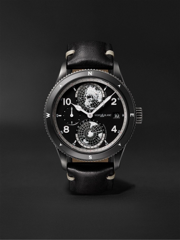 Photo: Montblanc - 1858 Geosphere Limited Edition Automatic 42mm Distressed Stainless Steel and Leather Watch, Ref. No. 128257
