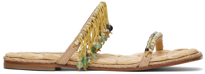 Dries Van Noten Beige Embellished Raffia Sandals Dries Van Noten