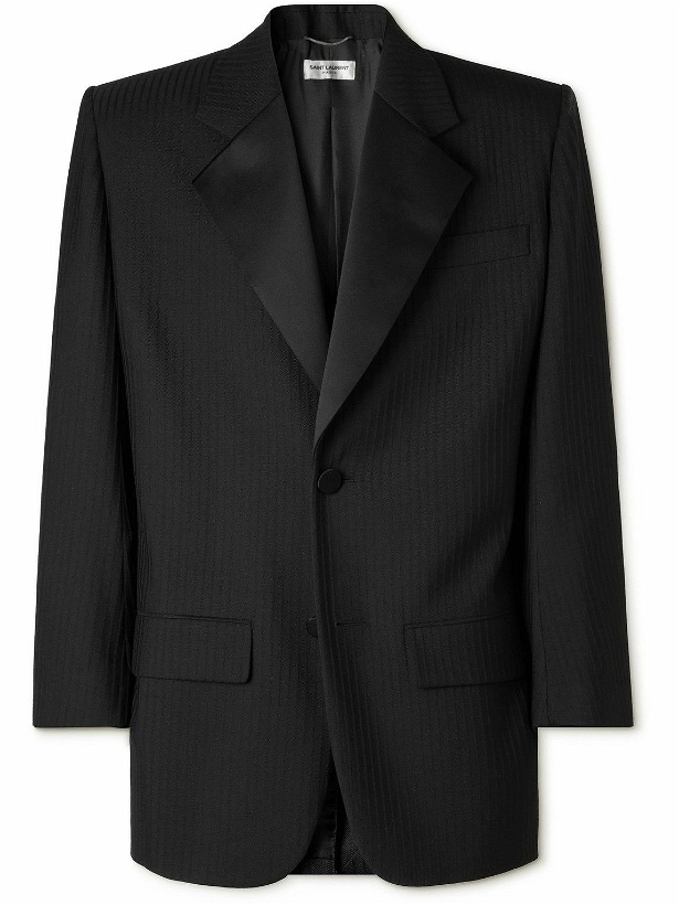 Photo: SAINT LAURENT - Grosgrain-Trimmed Pinstriped Wool Tuxedo Jacket