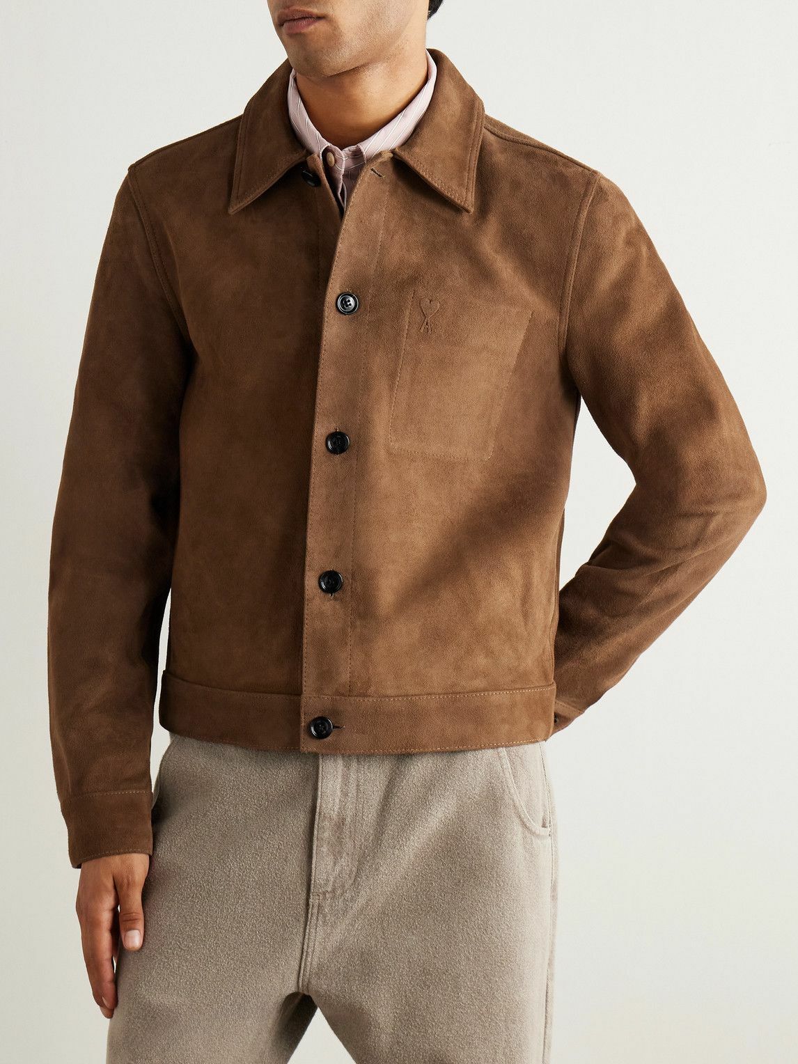 AMI PARIS - Logo-Embossed Suede Jacket - Brown