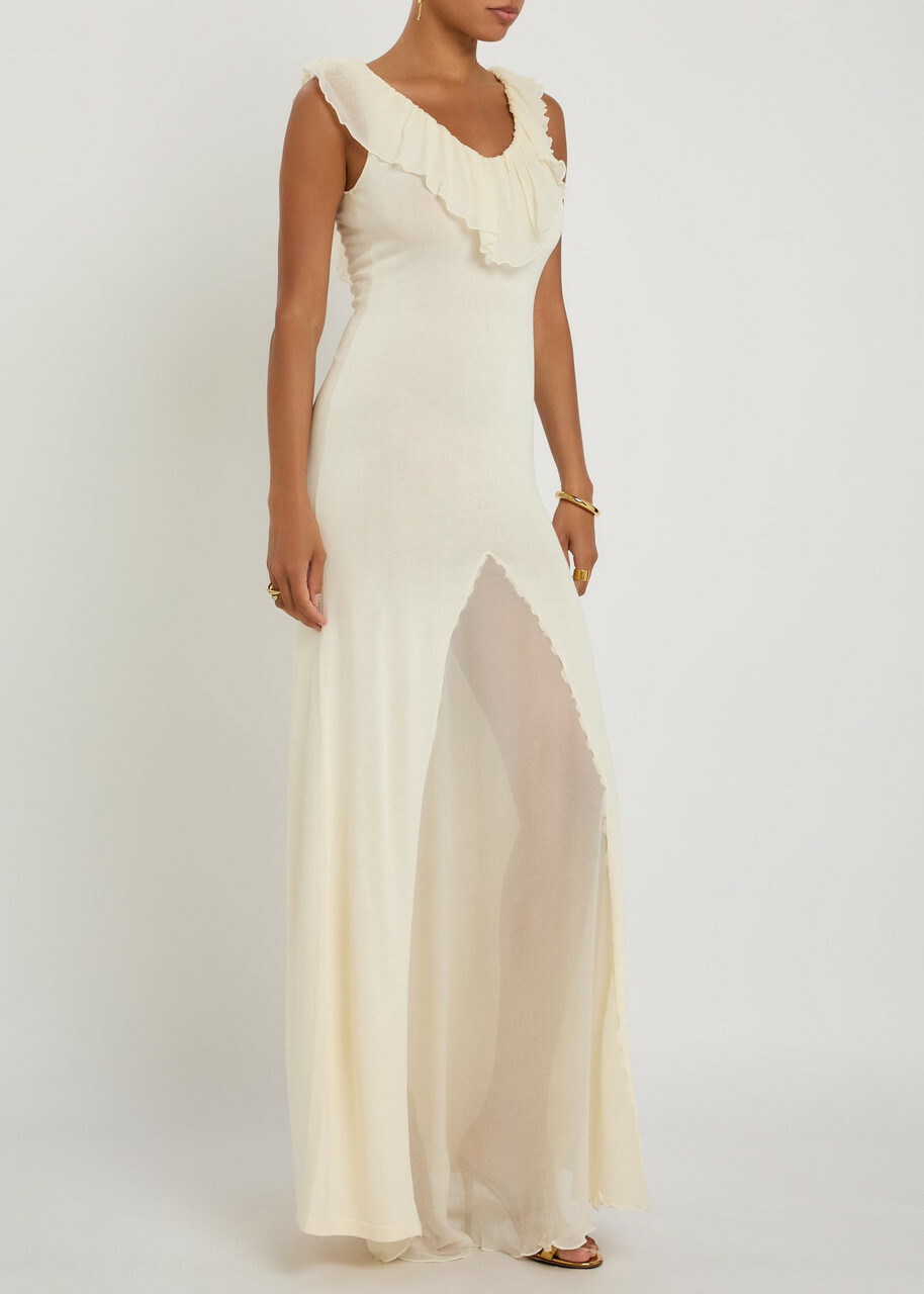 Aya Muse Rowan Ruffled Fine-knit Maxi Dress White