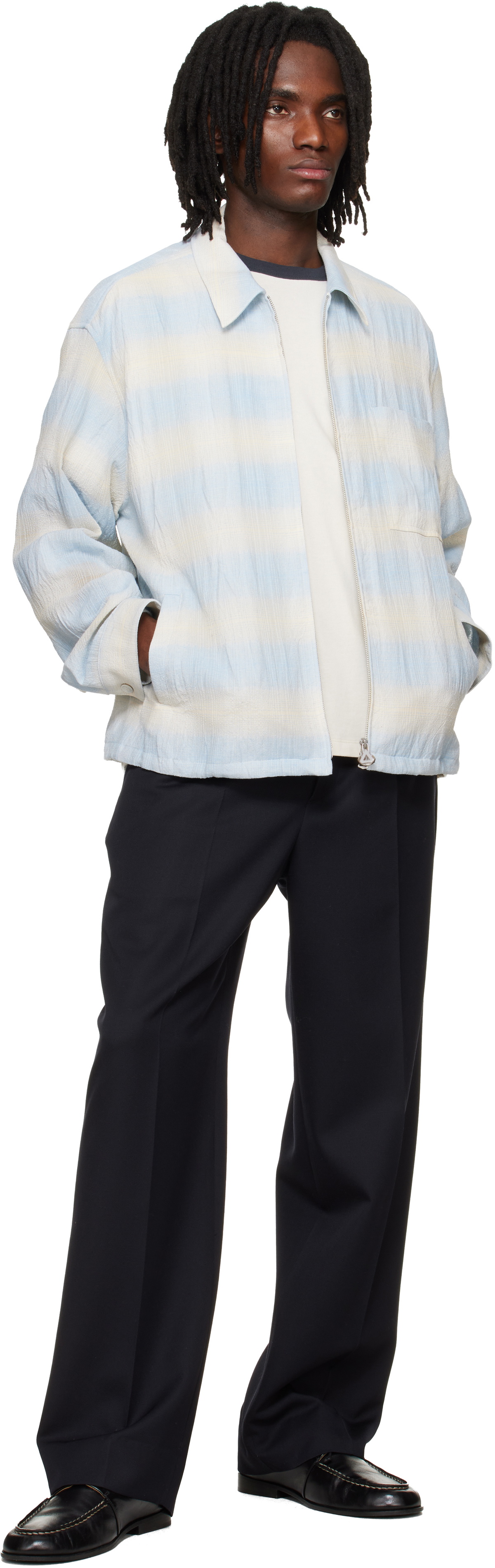 Solid Homme Blue & Beige Striped Zip-Up Shirt