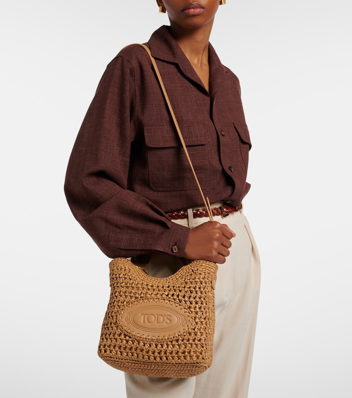Tod's Logo leather-trimmed raffia tote bag