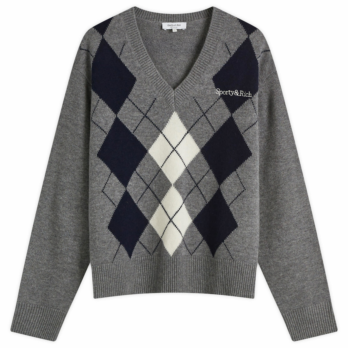 Sporty & Rich Women's Serif Logo Argyle Sweater in Heather Gray
