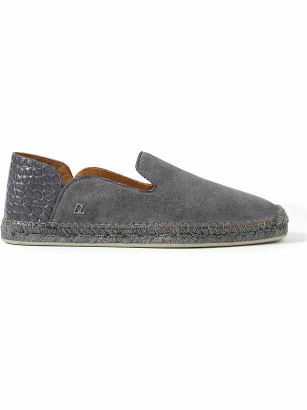 Photo: Christian Louboutin - Collapsible-Heel Croc-Effect Leather-Trimmed Suede Espadrilles - Gray