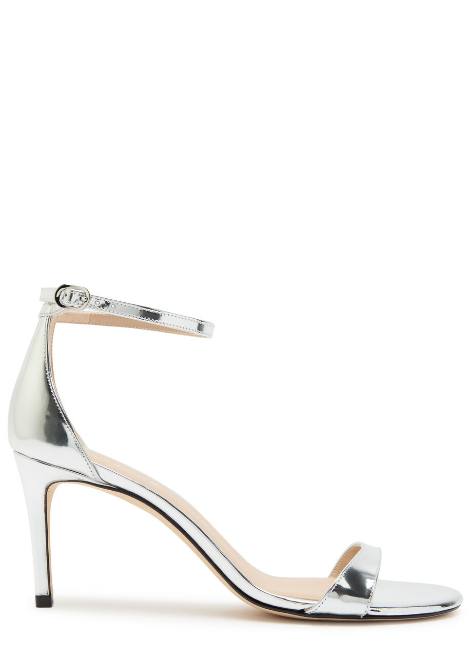 Stuart Weitzman Nudist II 75 Metallic Leather Sandals Silver
