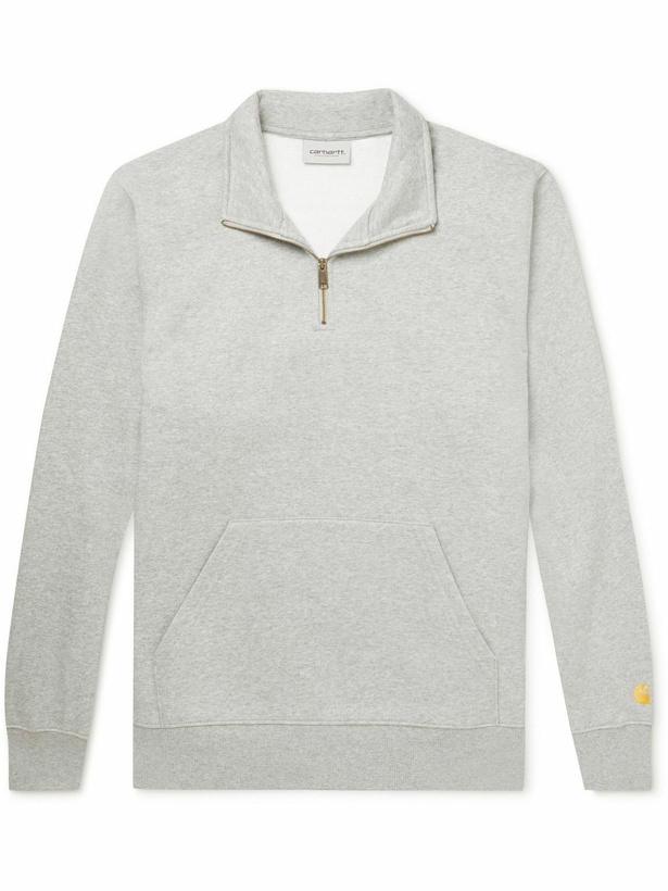 Photo: Carhartt WIP - Chase Logo-Embroidered Cotton-Blend Jersey Half-Zip Sweatshirt - Gray