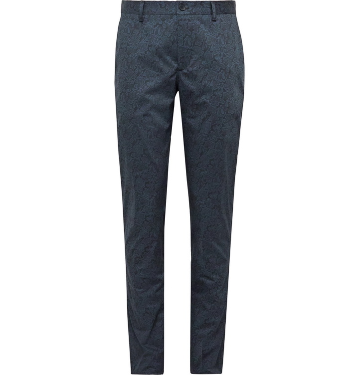 Photo: Etro - Slim-Fit Paisley-Print Cotton-Blend Trousers - Blue