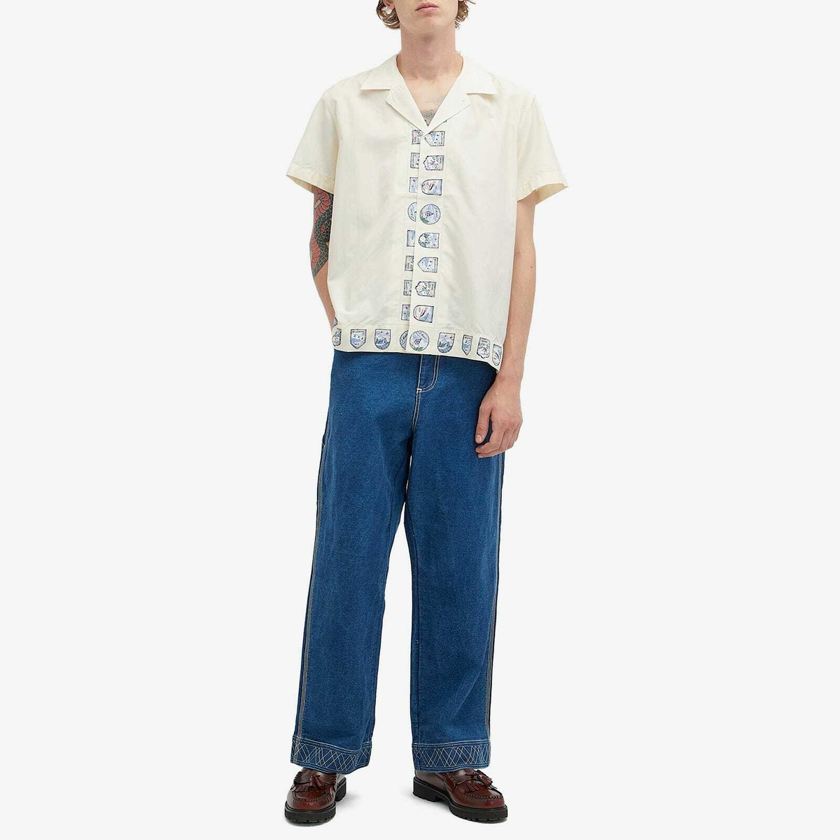 BODE Men's Embroidered Denim Knolly Brook Trousers in Indigo