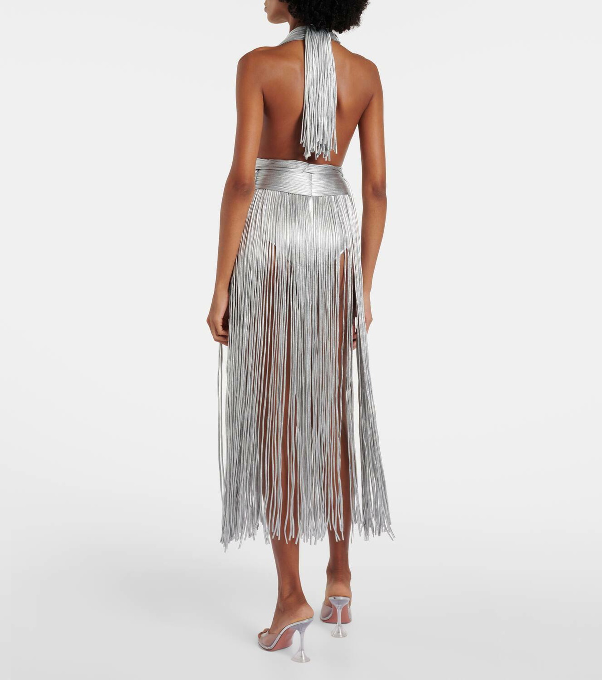 Area Fringed metallic-effect jersey gown
