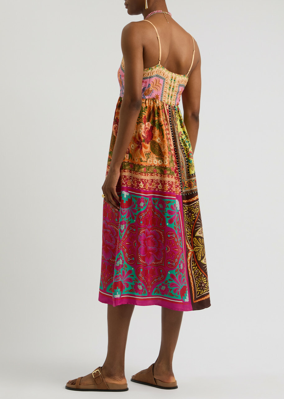 Farm Rio Mixed Scarves Printed Satin Midi Dress Multicoloured