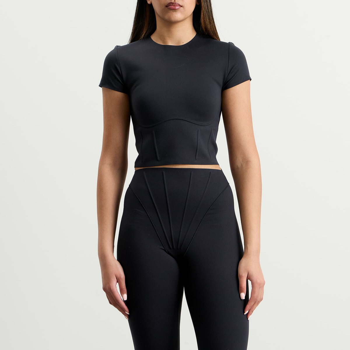 Nike Women's x SKIMS Matte Corset Short Sleeve Crop Top in Obsidian