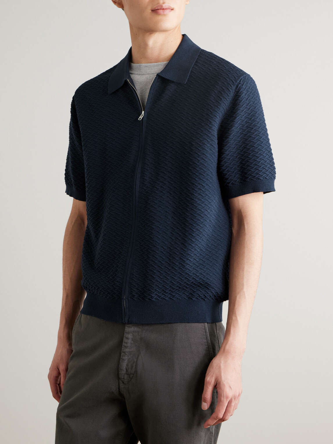 NN07 - Gustav 600160 Textured Organic Cotton Zip-Up Polo Shirt