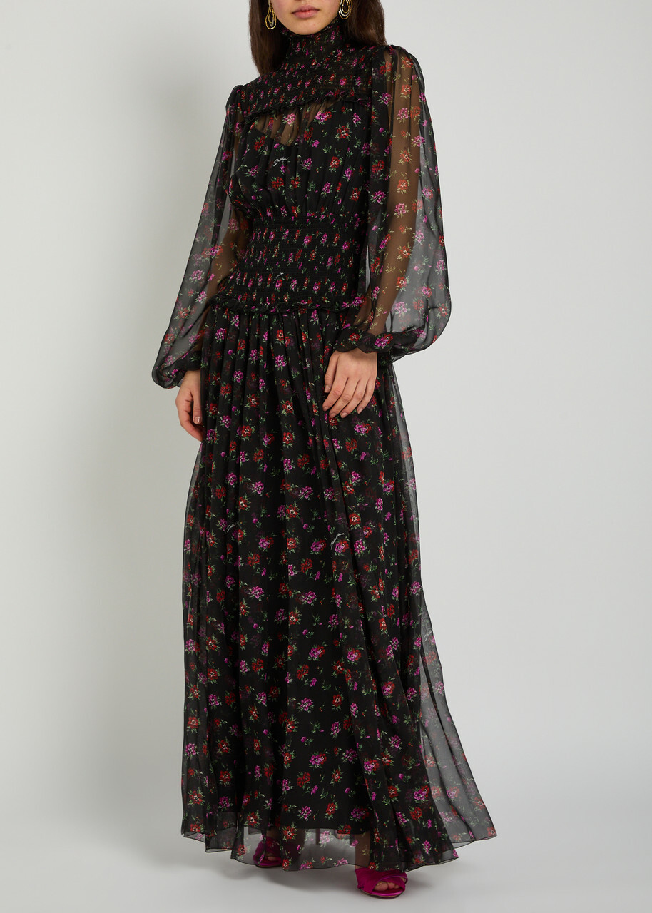 Dolce & Gabbana Floral-print Shirred Silk Maxi Dress Black