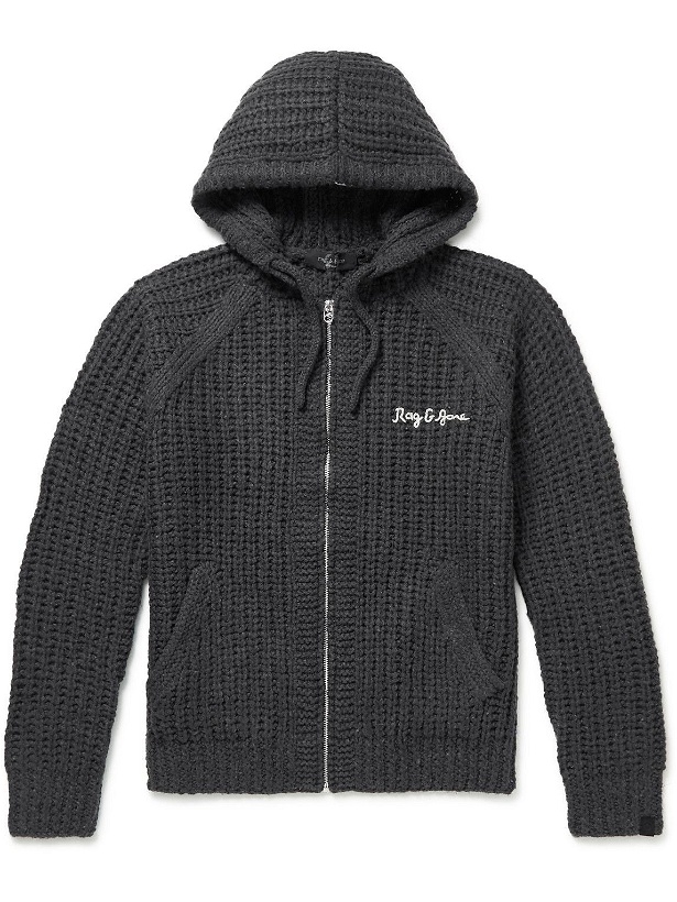 Photo: Rag & Bone - Logo-Embroidered Ribbed-Knit Zip-Up Hoodie - Gray