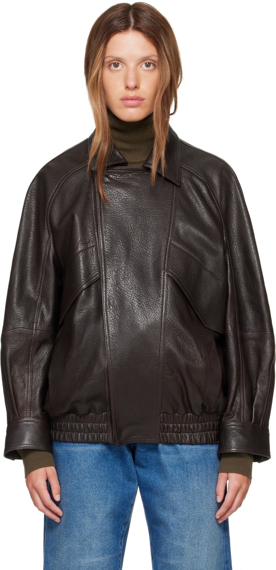 Nour Hammour Brown Rafe Sculptural Leather Bomber Jacket