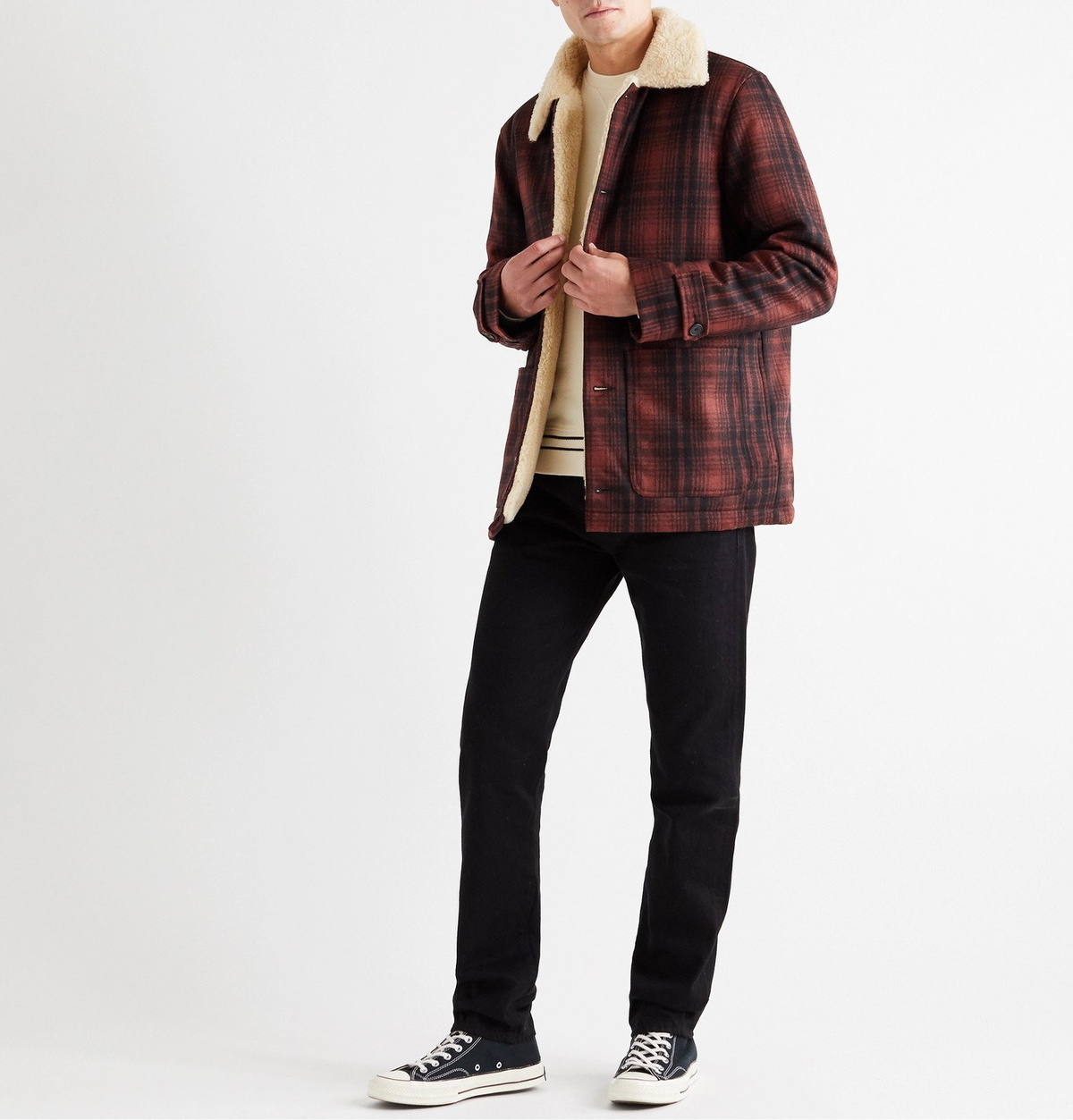 Nudie Jeans Mangan Faux ShearlingTrimmed Checked WoolBlend Twill