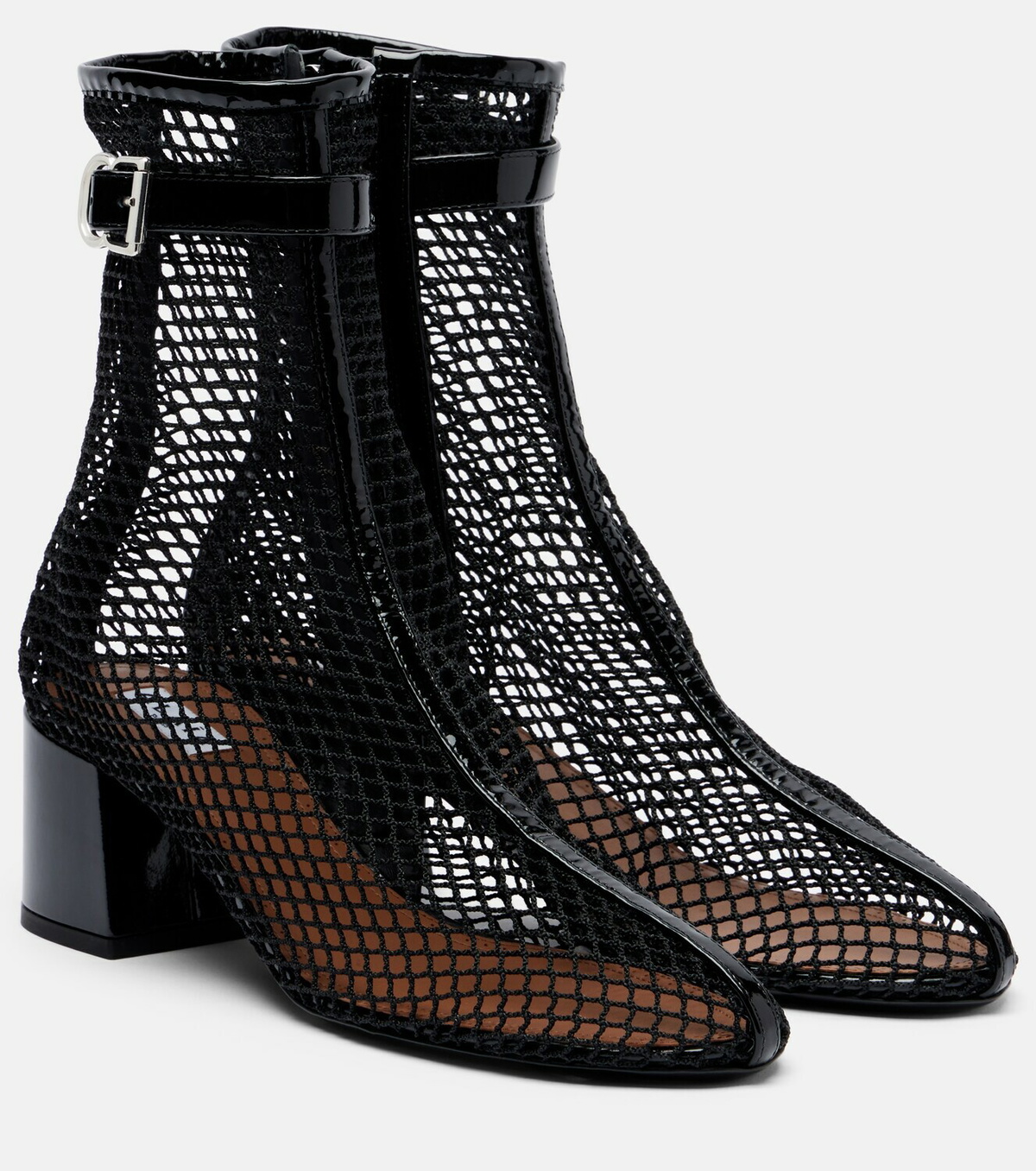 Alaïa Fishnet patent leather-trimmed ankle boots
