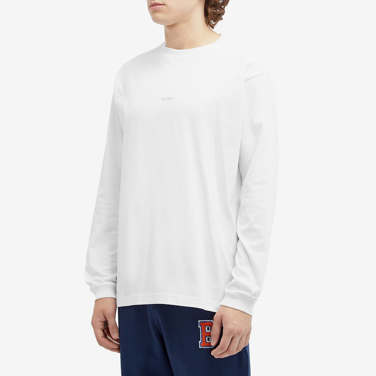 BEAMS Men's Mini Logo Long Sleeve T-Shirt in White Beams Boy