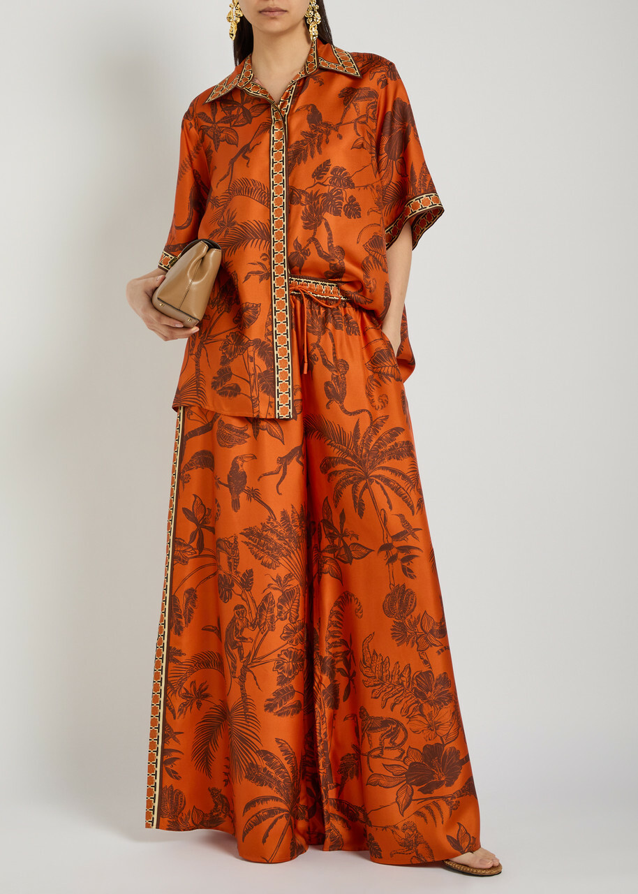 Alemais Monkey Dance Printed Wide-leg Silk Trousers Rust