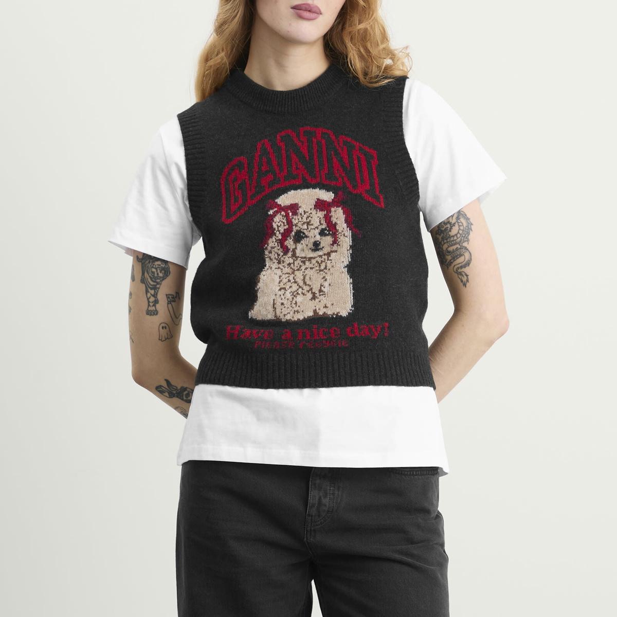 GANNI Women's Graphic Wool Vest in Black Sand
