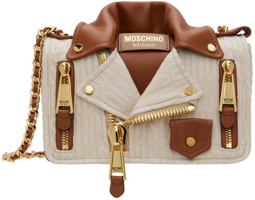 Moschino Beige Brown Logo Moto Bag Moschino