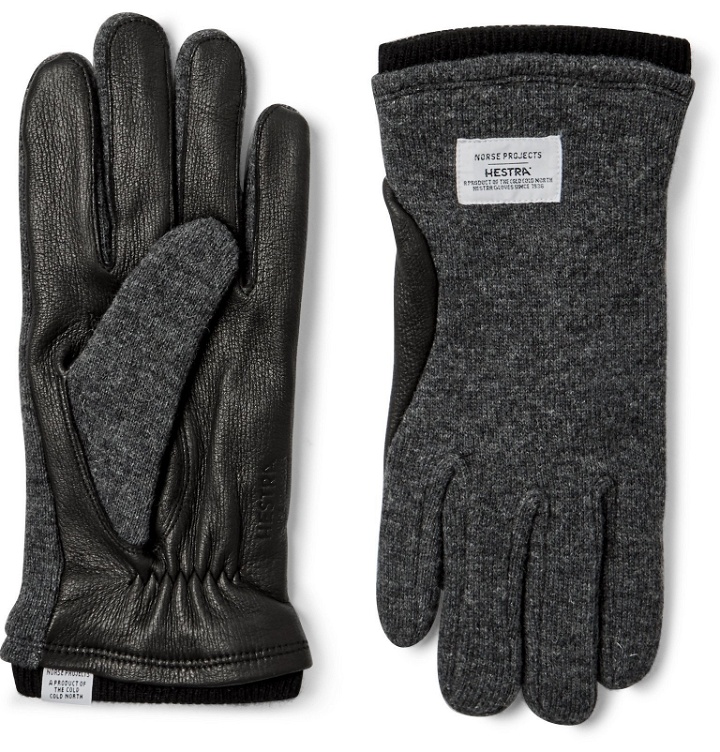 Photo: Norse Projects - Hestra Leather-Panelled Knitted Gloves - Gray