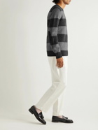 Polo Ralph Lauren - Suede-Trimmed Striped Wool and Cashmere-Blend Sweater - Gray