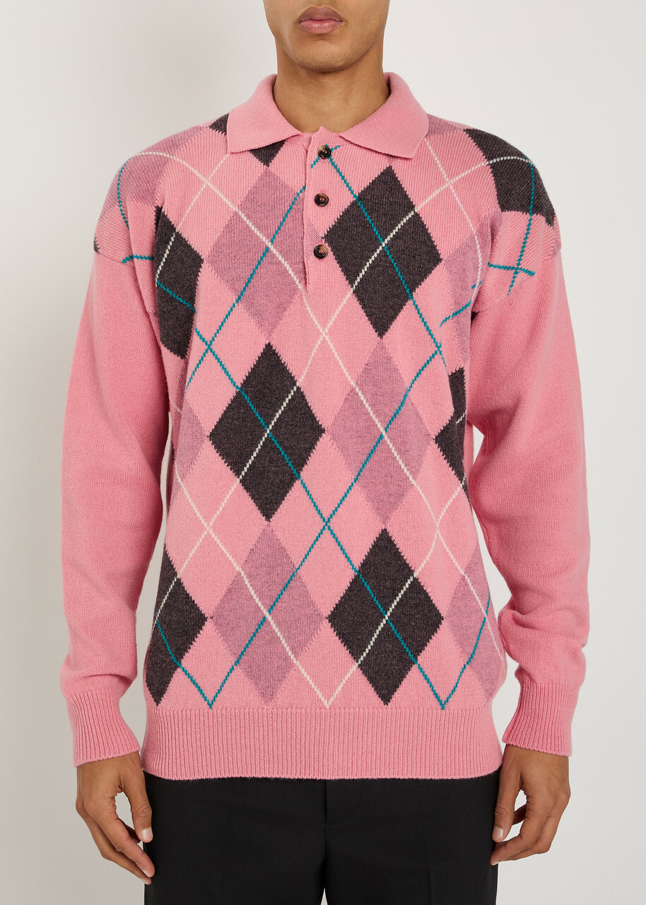 JW Anderson Pringle Argyle Wool Polo Jumper Pink