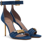 Balmain Blue Denim Safety Pin Heeled Sandals