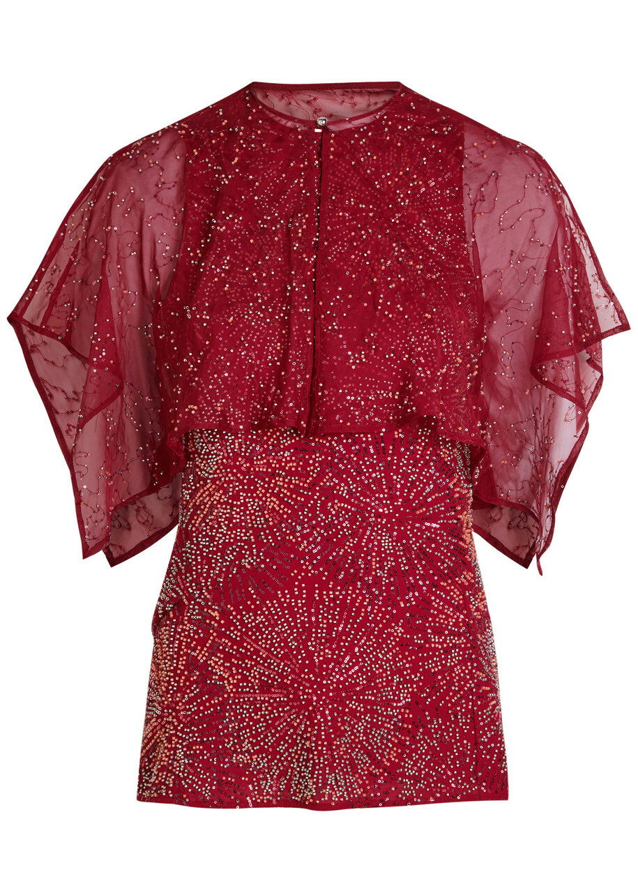 Rabanne Embellished Chiffon Cape top Red