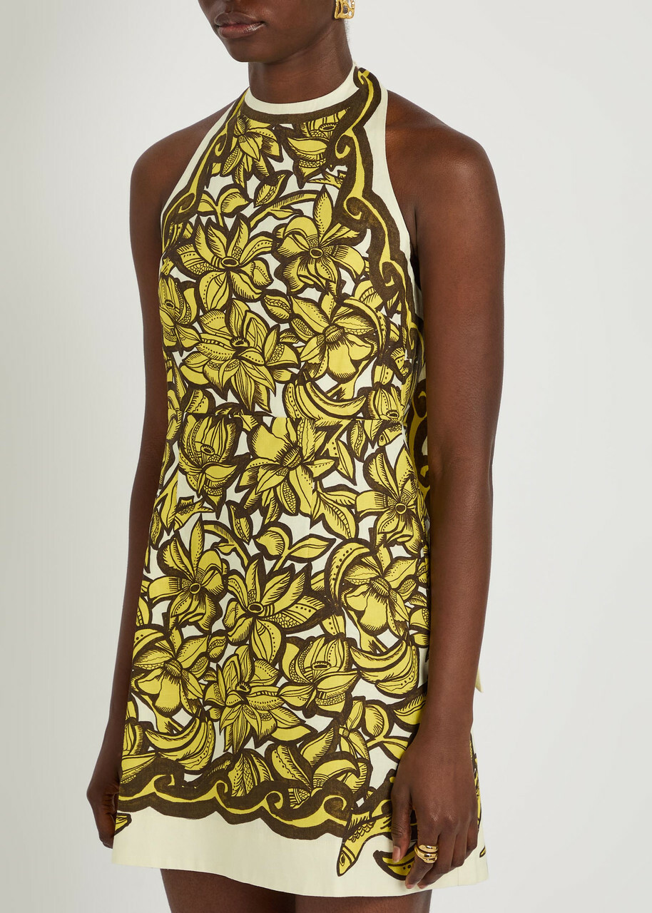 Alemais Mona Printed Halterneck Hemp Mini Dress Yellow