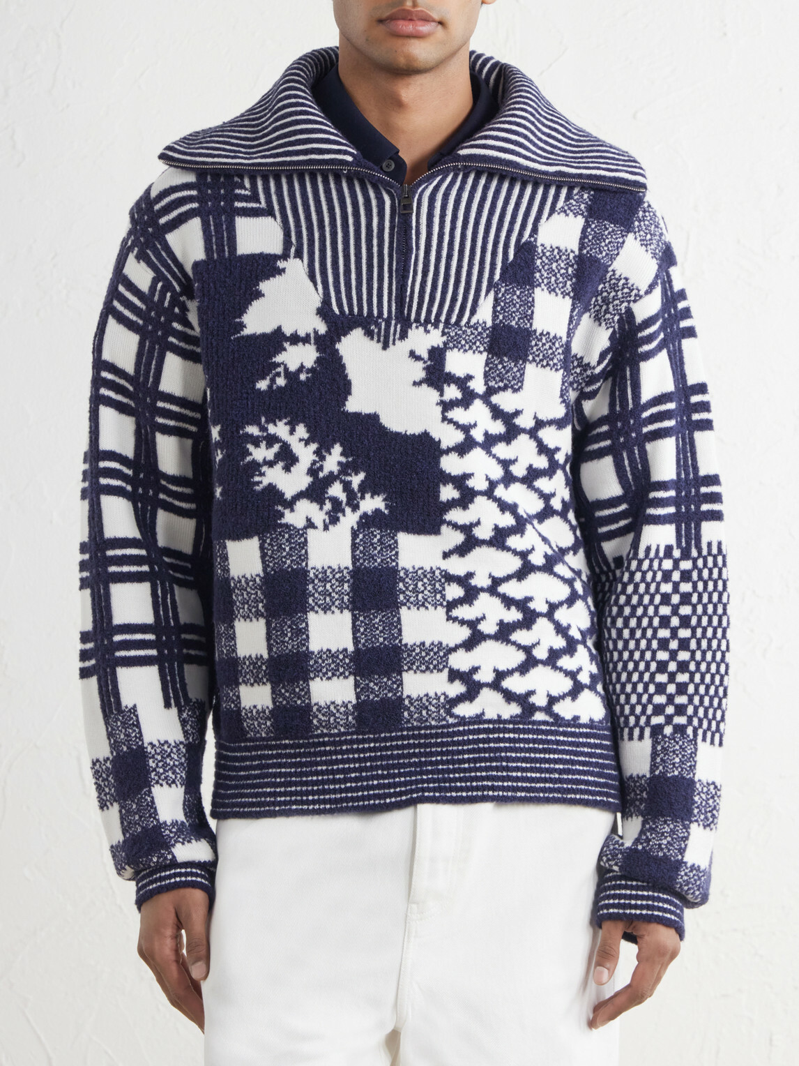 LOEWE - Checked Wool-Blend Half-Zip Sweater - Blue