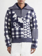 LOEWE - Checked Wool-Blend Half-Zip Sweater - Blue
