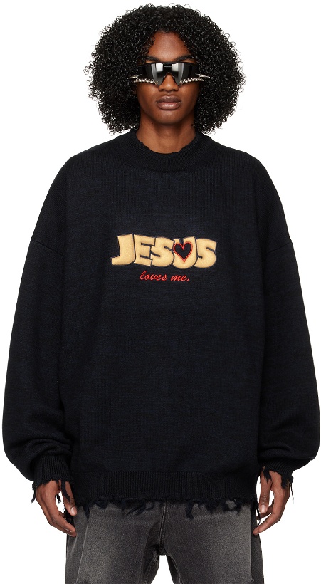 Photo: VETEMENTS Black & Navy 'Jesus Loves You' Sweater