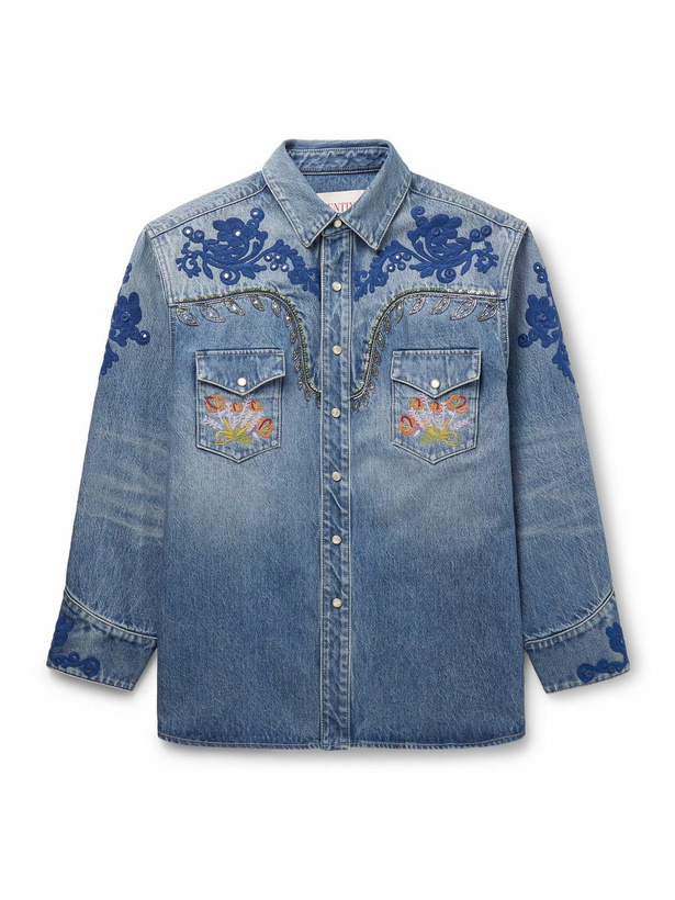 Photo: Valentino Garavani - Embellished Embroidered Denim Overshirt - Blue