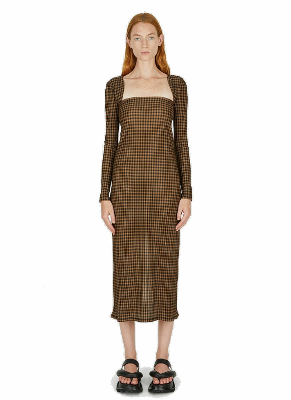 Photo: Detachable Sleeve Check Dress in Brown