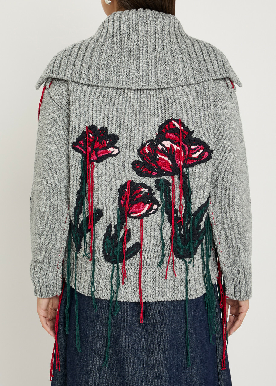 Erdem Embroidered Wool and Cotton-blend Cardigan Grey