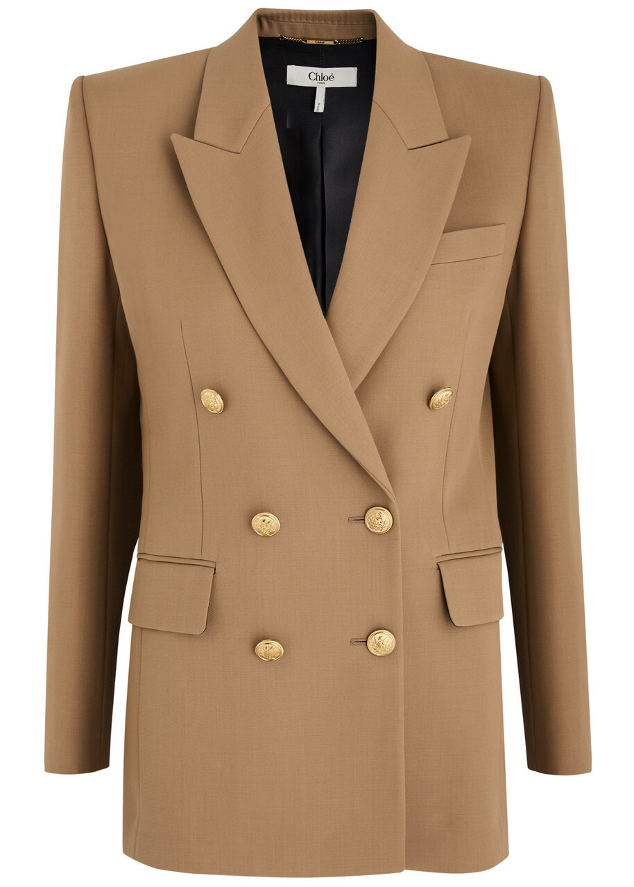 Chloe Women's Brown Double-Breasted Wool Blazer Size 40 (UK12 / M), Peaked Lapels & Padded Shoulders