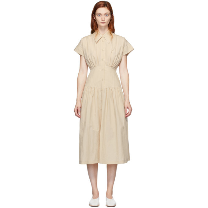 beige classy dress Knee-Length Career Dress with Sleeves