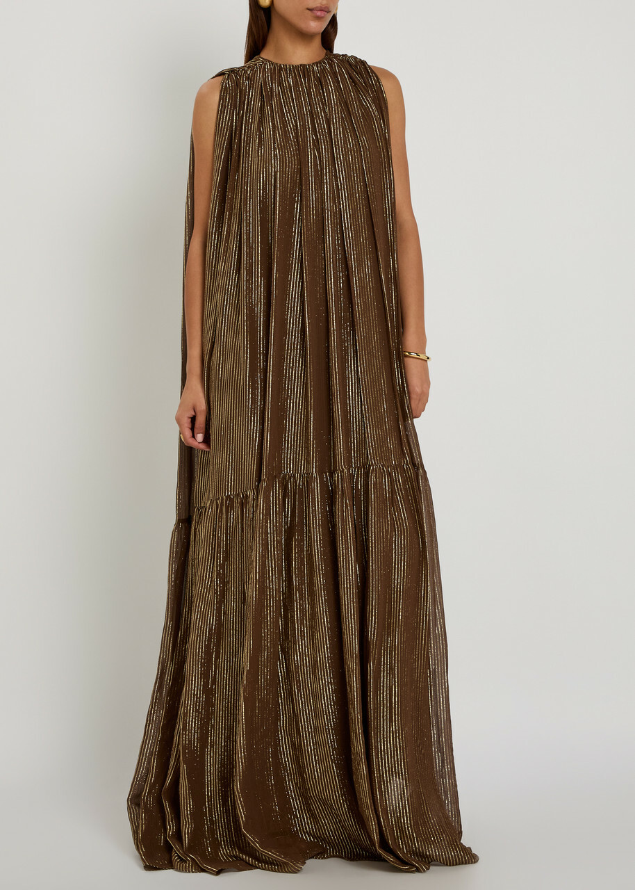 Petar Petrov Draped Striped Silk-blend Chiffon Gown Gold