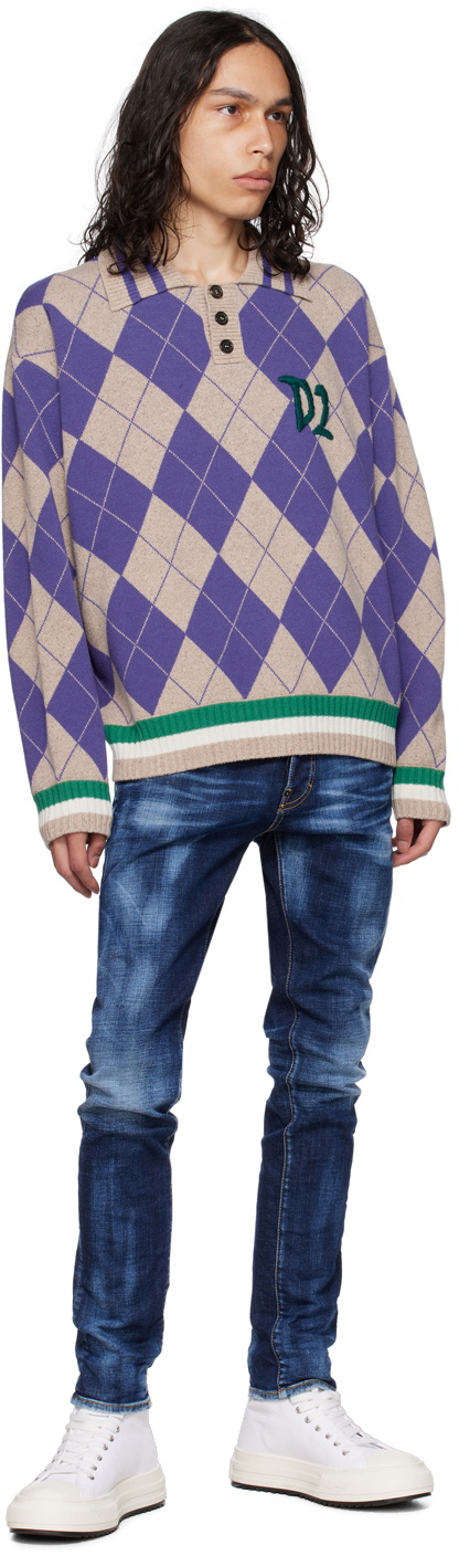 Dsquared2 Beige & Purple Argyle Polo